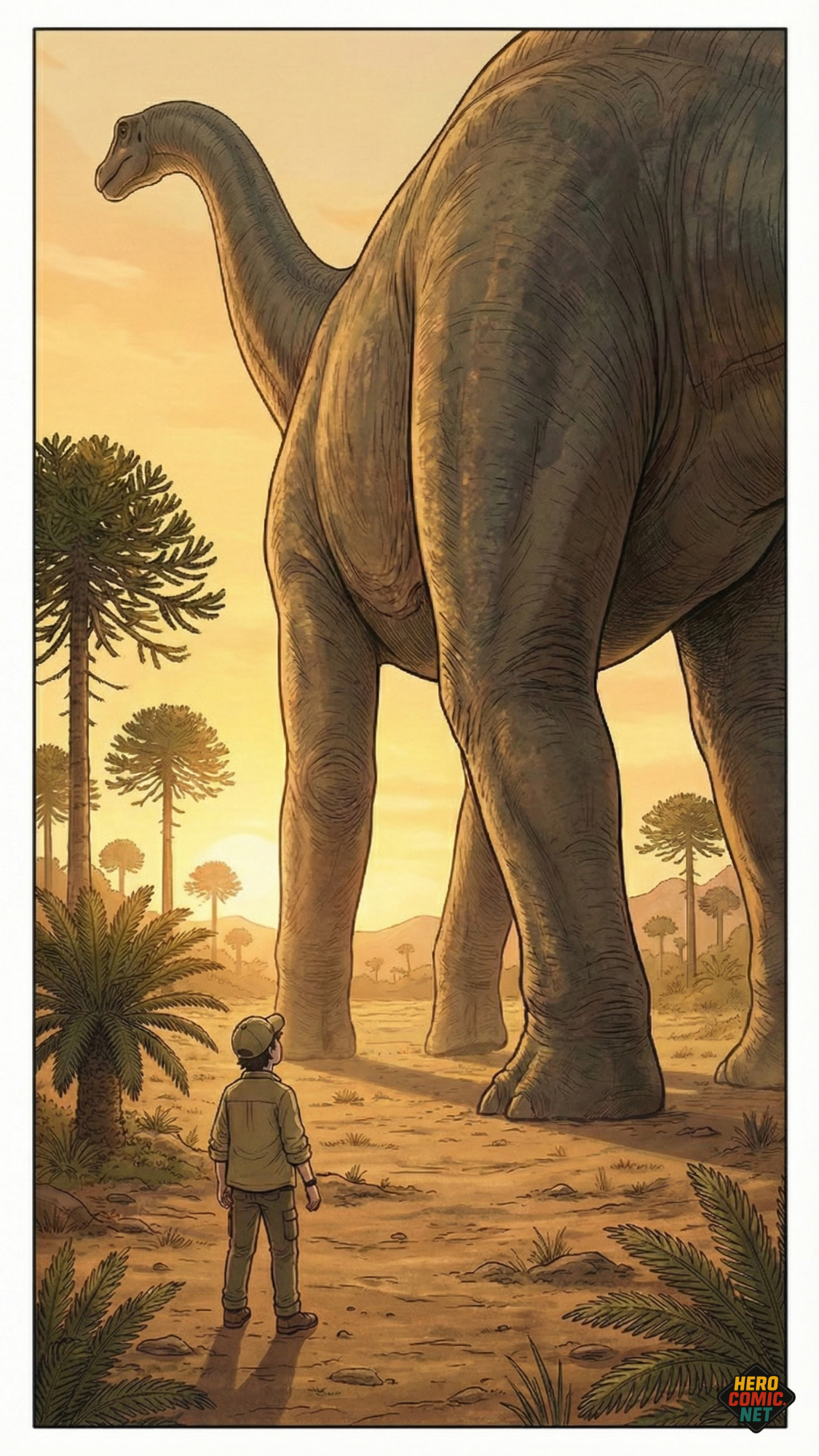 Faustino de espaldas frente al Argentinosaurus gigante en la prehistoria